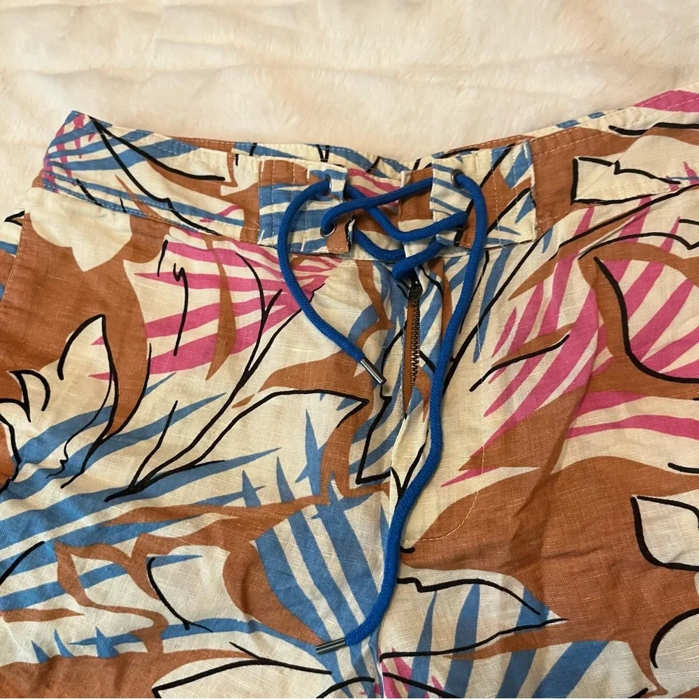 J. Crew 6 Tan Blue Preppy Tropical Cruise Vacation Lace Up Linen Beach Shorts